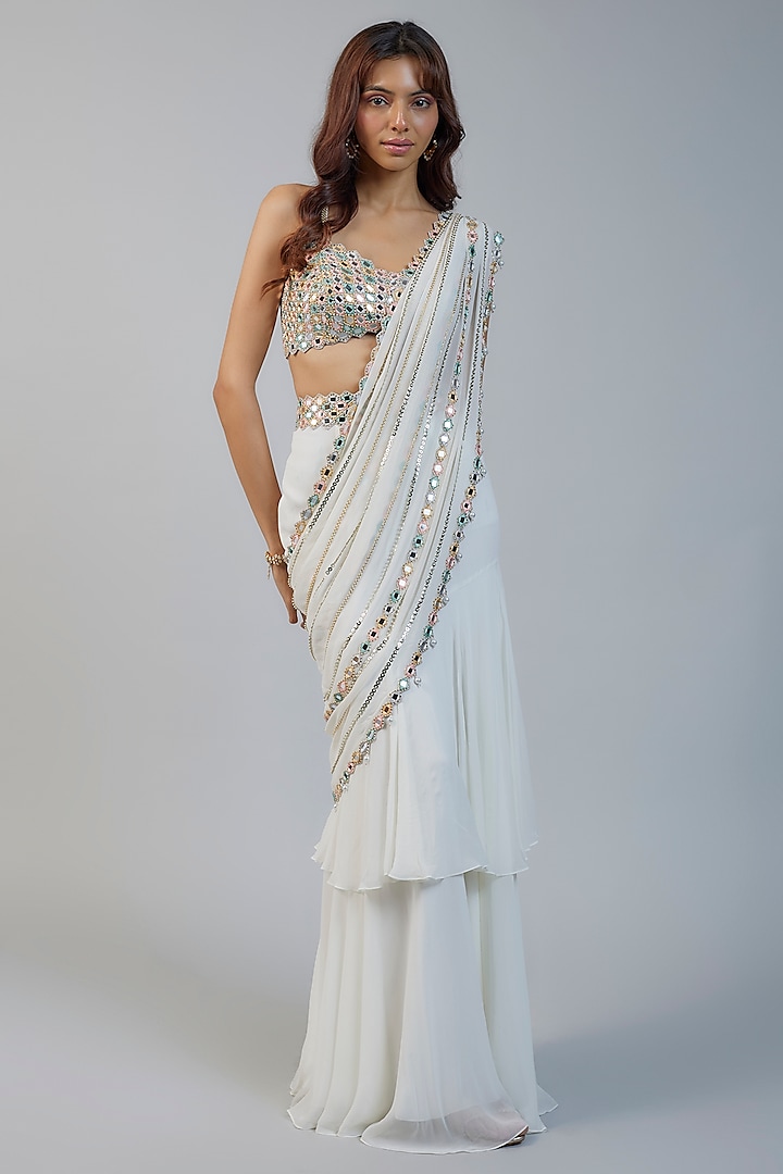 Ivory Georgette Mirror Embroidered Tiered Saree Set by Kresha Lulla