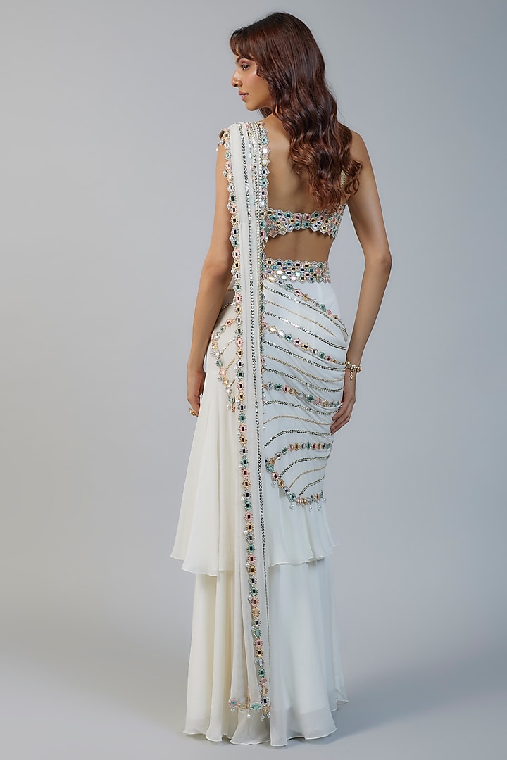 Ivory Georgette Mirror Embroidered Tiered Reception Saree Set by Kresha Lulla at Pernia's Pop Up Shop