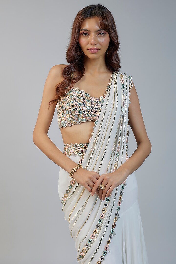 Ivory Georgette Mirror Embroidered Tiered Reception Saree Set by Kresha Lulla at Pernia's Pop Up Shop
