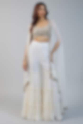 Ivory Georgette & Raw Silk Mirror Embroidered Cape Set by Kresha Lulla at Pernia's Pop Up Shop