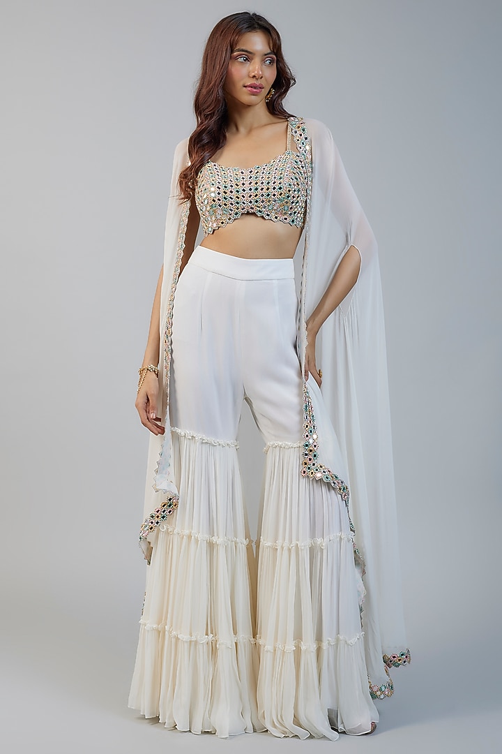 Ivory Georgette & Raw Silk Mirror Embroidered Cape Set by Kresha Lulla at Pernia's Pop Up Shop