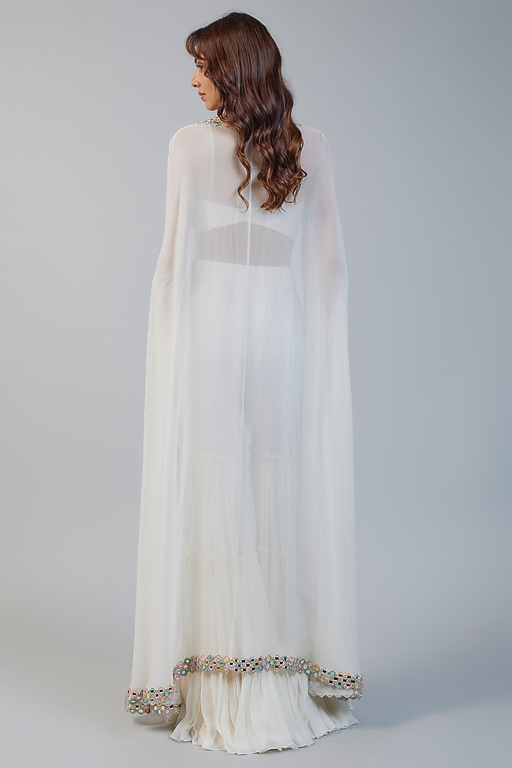Ivory Georgette & Raw Silk Mirror Embroidered Cape Set by Kresha Lulla at Pernia's Pop Up Shop
