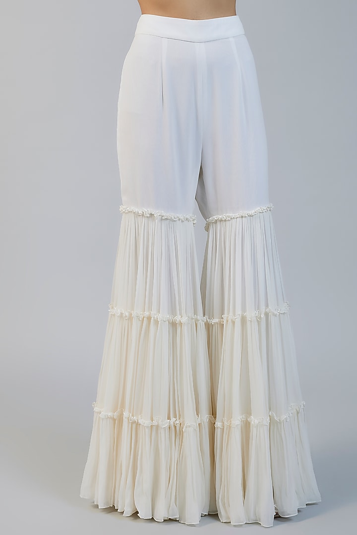 Ivory Georgette & Raw Silk Mirror Embroidered Cape Set by Kresha Lulla at Pernia's Pop Up Shop
