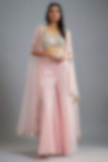 Pastel Pink Organza & Raw Silk Mirror Embroidered Cape Set by Kresha Lulla at Pernia's Pop Up Shop