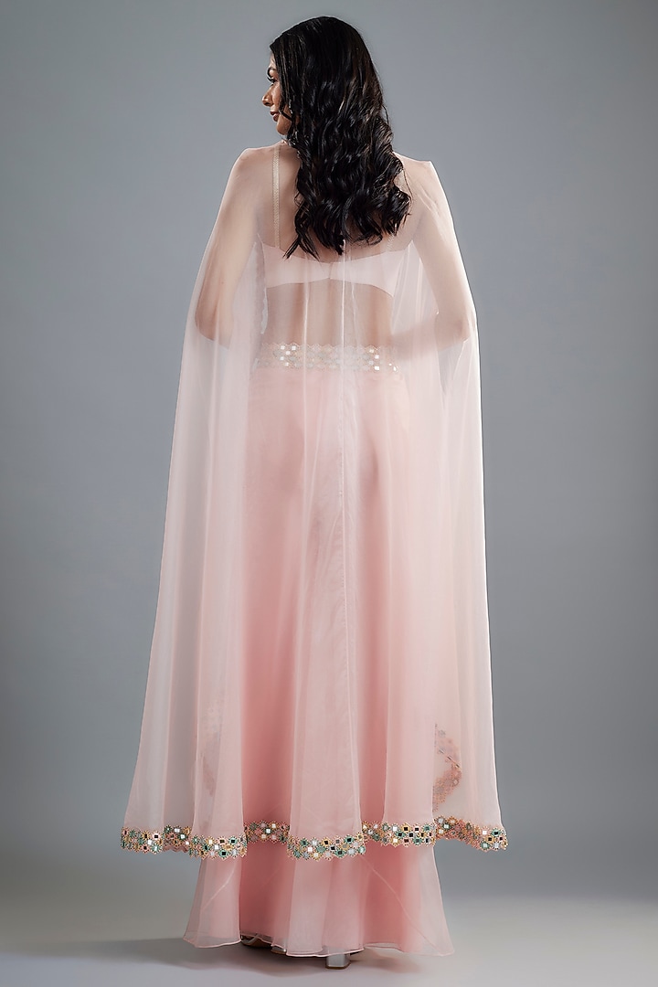 Pastel Pink Organza & Raw Silk Mirror Embroidered Cape Set by Kresha Lulla at Pernia's Pop Up Shop