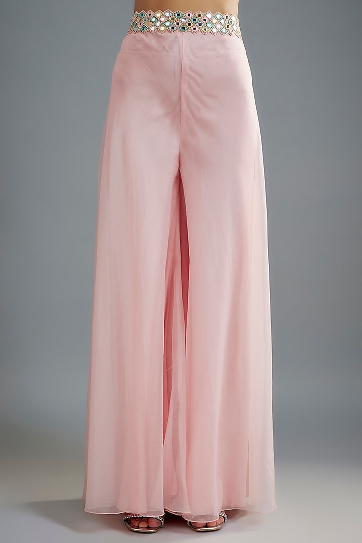 Pastel Pink Organza & Raw Silk Mirror Embroidered Cape Set by Kresha Lulla at Pernia's Pop Up Shop
