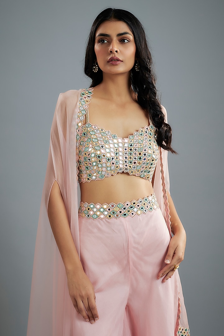 Pastel Pink Organza & Raw Silk Mirror Embroidered Cape Set by Kresha Lulla at Pernia's Pop Up Shop