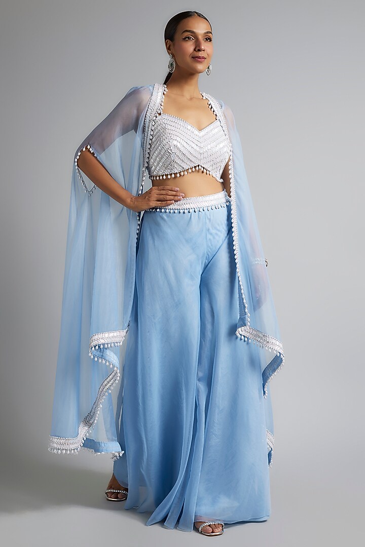 Periwinkle Blue Organza & Raw Silk Sequins Embroidered Cape Set by Kresha Lulla at Pernia's Pop Up Shop