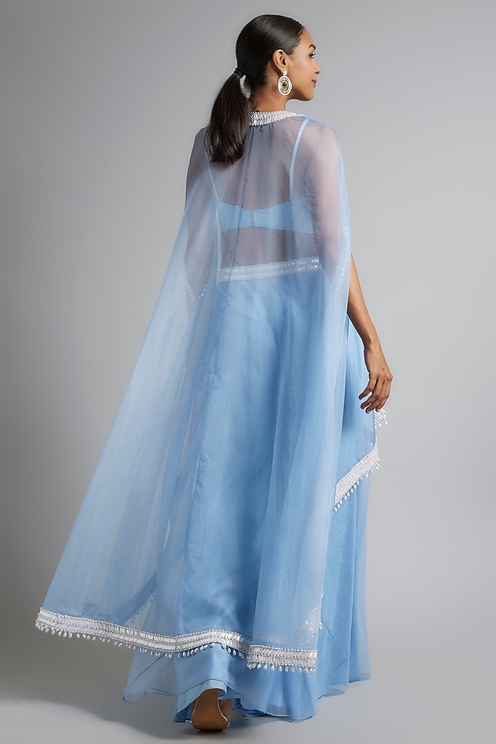 Periwinkle Blue Organza & Raw Silk Sequins Embroidered Cape Set by Kresha Lulla at Pernia's Pop Up Shop