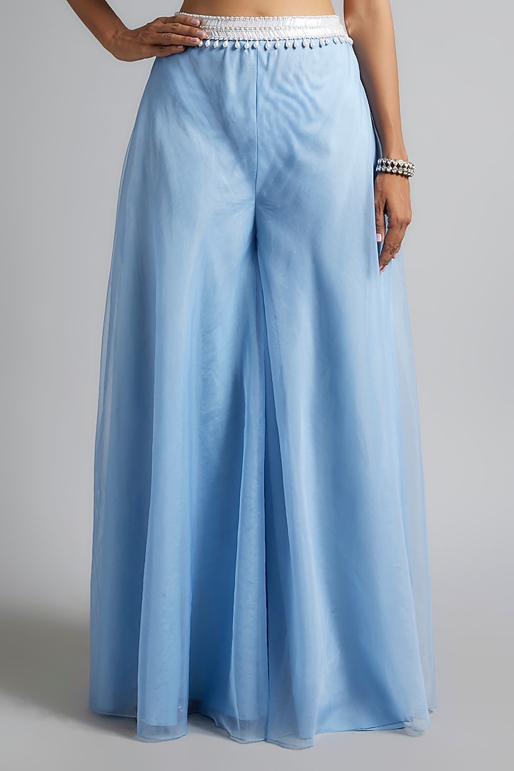 Periwinkle Blue Organza & Raw Silk Sequins Embroidered Cape Set by Kresha Lulla at Pernia's Pop Up Shop