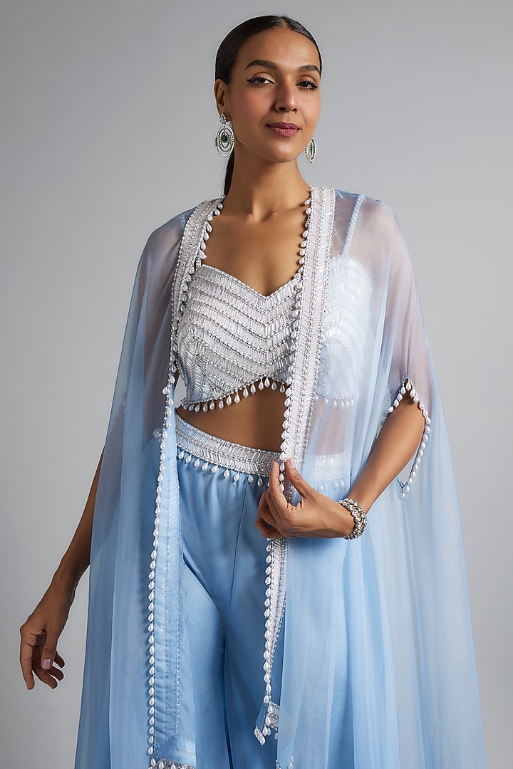 Periwinkle Blue Organza & Raw Silk Sequins Embroidered Cape Set by Kresha Lulla at Pernia's Pop Up Shop