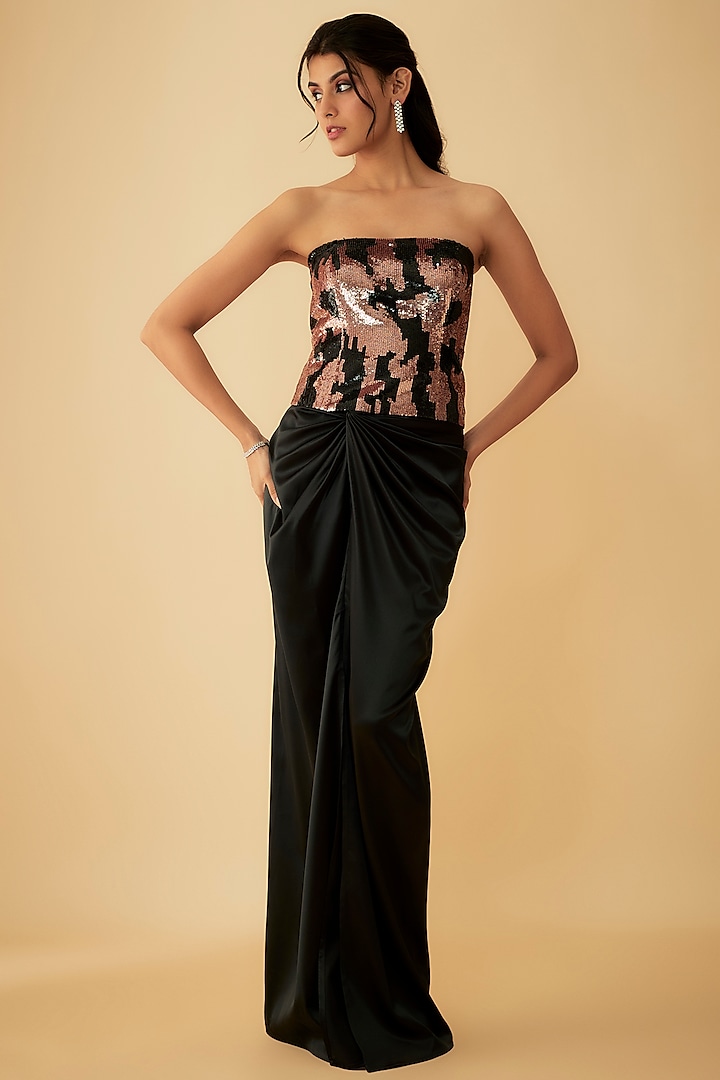 Black Satin Draped Skirt Set by Kresha Lulla at Pernia's Pop Up Shop