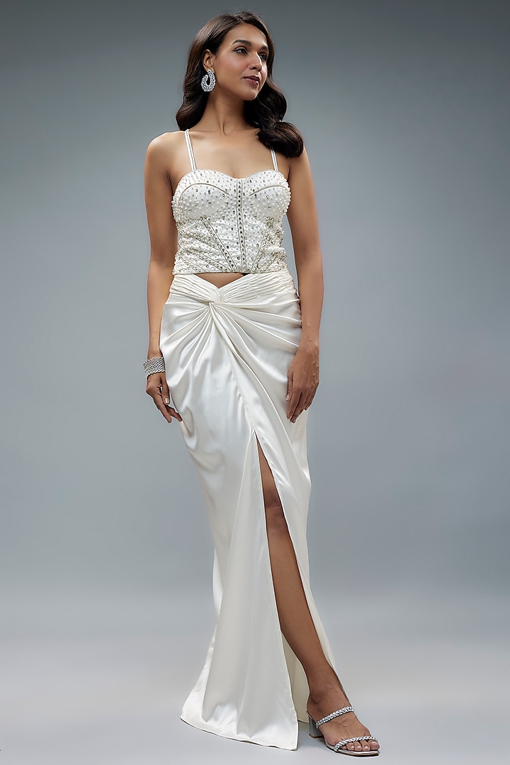 Ivory Satin Draped Skirt Set by Kresha Lulla at Pernia's Pop Up Shop
