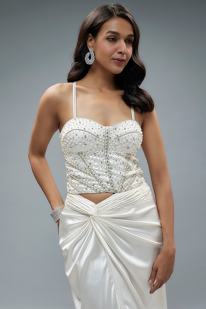 Ivory Satin Draped Skirt Set by Kresha Lulla at Pernia's Pop Up Shop