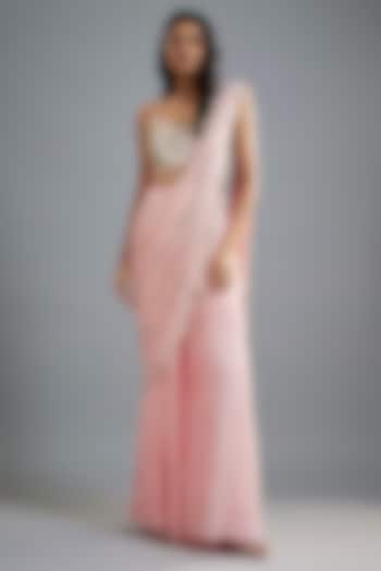 Pastel Pink Raw Silk & Georgette Mirror Embroidered Sharara Reception Saree Set by Kresha Lulla at Pernia's Pop Up Shop