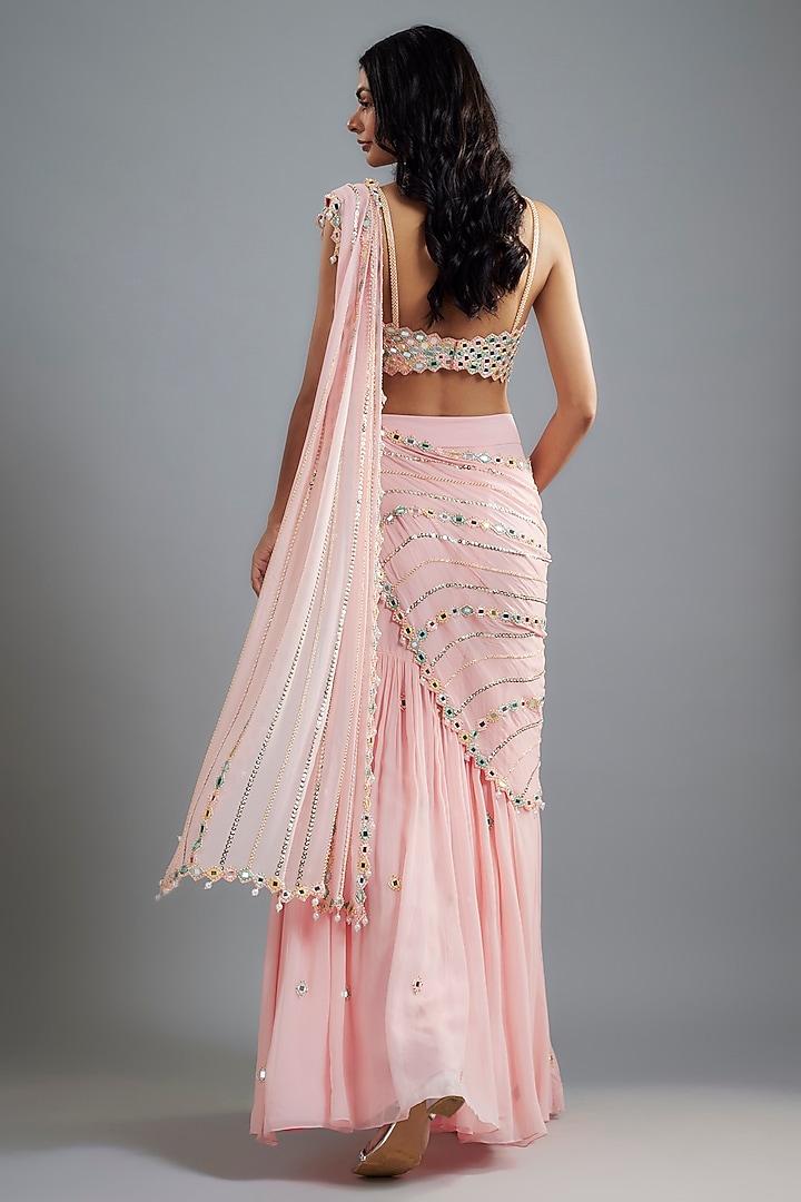 Pastel Pink Raw Silk & Georgette Mirror Embroidered Sharara Reception Saree Set by Kresha Lulla at Pernia's Pop Up Shop