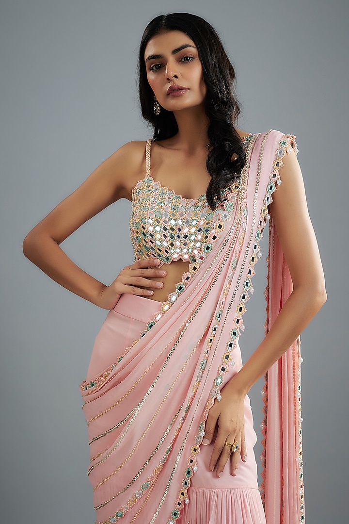 Pastel Pink Raw Silk & Georgette Mirror Embroidered Sharara Reception Saree Set by Kresha Lulla at Pernia's Pop Up Shop