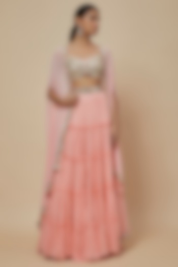 Pastel Pink Georgette & Raw Silk Mirror Work Cape Set by Kresha Lulla at Pernia's Pop Up Shop