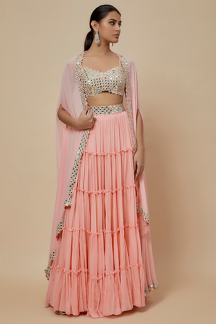 Pastel Pink Georgette & Raw Silk Mirror Work Cape Set by Kresha Lulla at Pernia's Pop Up Shop