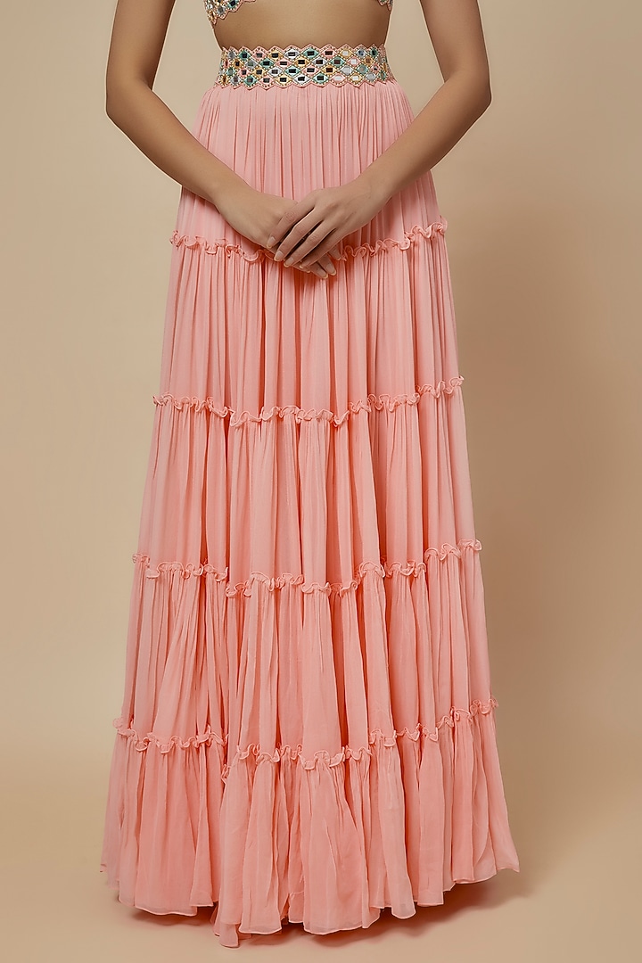 Pastel Pink Georgette & Raw Silk Mirror Work Cape Set by Kresha Lulla at Pernia's Pop Up Shop