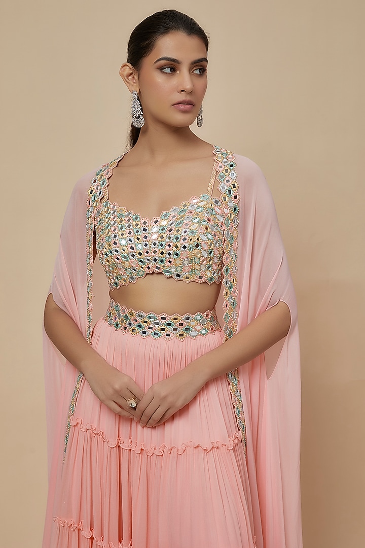 Pastel Pink Georgette & Raw Silk Mirror Work Cape Set by Kresha Lulla at Pernia's Pop Up Shop