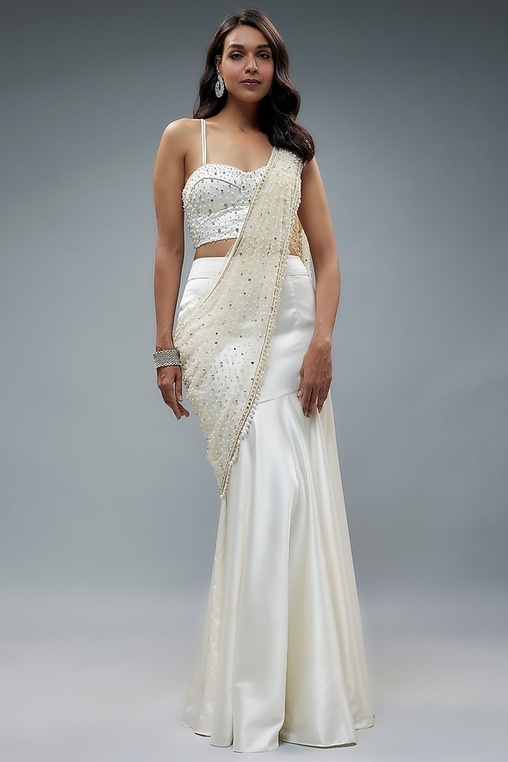 Ivory Net & Satin Pearl Embroidered Fish Cut Reception Saree Set by Kresha Lulla at Pernia's Pop Up Shop