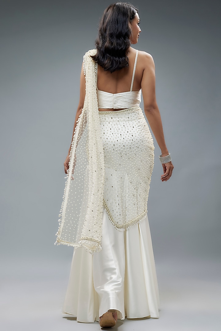 Ivory Net & Satin Pearl Embroidered Fish Cut Reception Saree Set by Kresha Lulla at Pernia's Pop Up Shop
