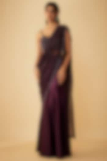 Aubergine Satin & Net Sequins Embroidered Draped Saree Set by Kresha Lulla at Pernia's Pop Up Shop