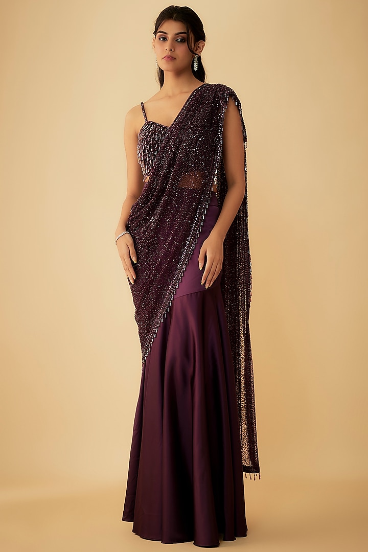 Aubergine Satin & Net Sequins Embroidered Draped Saree Set by Kresha Lulla at Pernia's Pop Up Shop