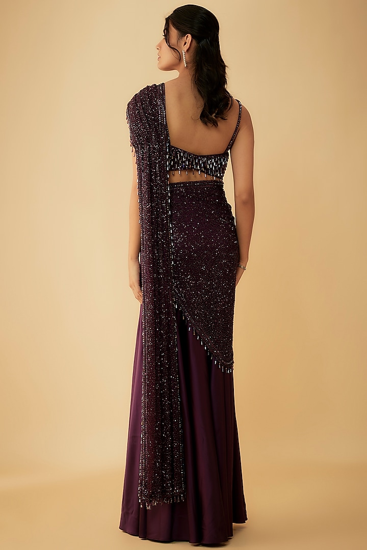 Aubergine Satin & Net Sequins Embroidered Draped Reception Saree Set by Kresha Lulla at Pernia's Pop Up Shop