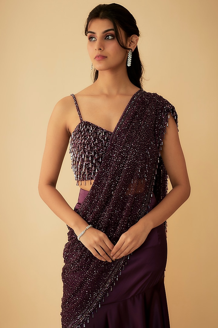 Aubergine Satin & Net Sequins Embroidered Draped Reception Saree Set by Kresha Lulla at Pernia's Pop Up Shop