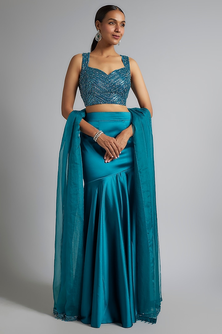 Teal Satin Wedding Lehenga Set by Kresha Lulla at Pernia's Pop Up Shop