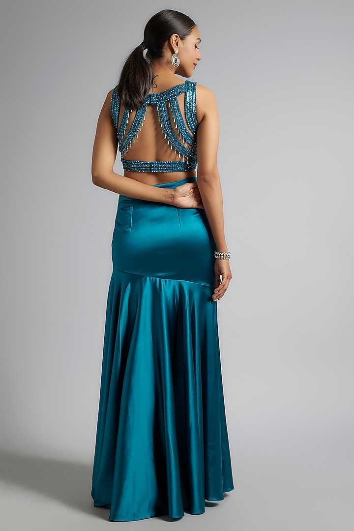 Teal Satin Wedding Lehenga Set by Kresha Lulla at Pernia's Pop Up Shop