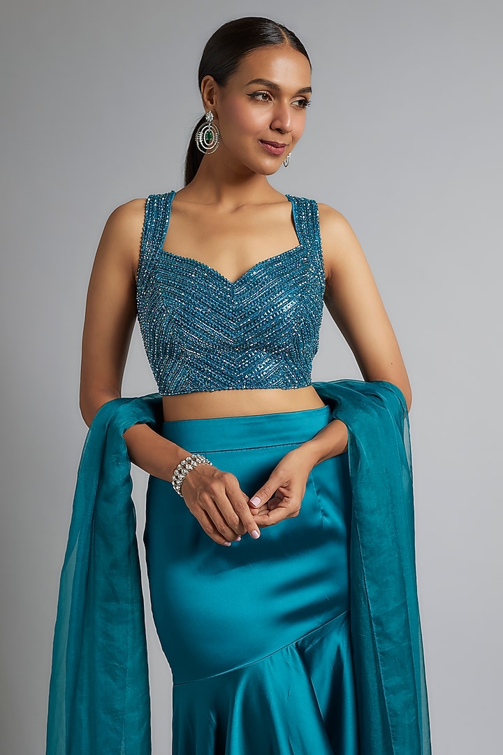 Teal Satin Wedding Lehenga Set by Kresha Lulla at Pernia's Pop Up Shop