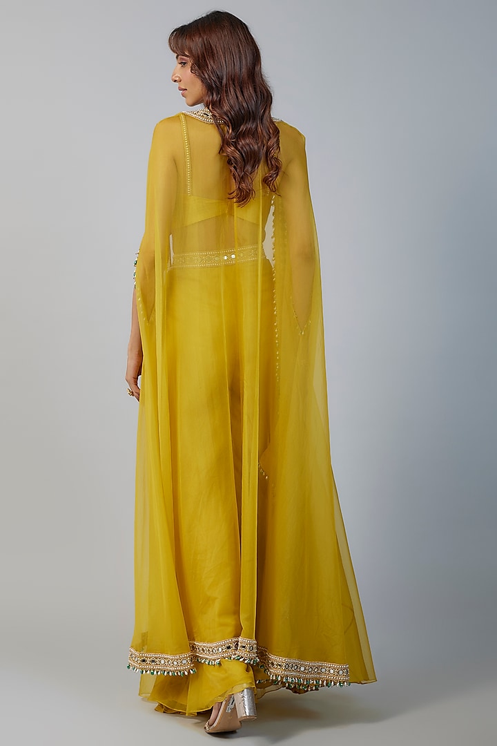 Lime Organza & Raw Silk Mirror Embroidered Cape Set by Kresha Lulla at Pernia's Pop Up Shop