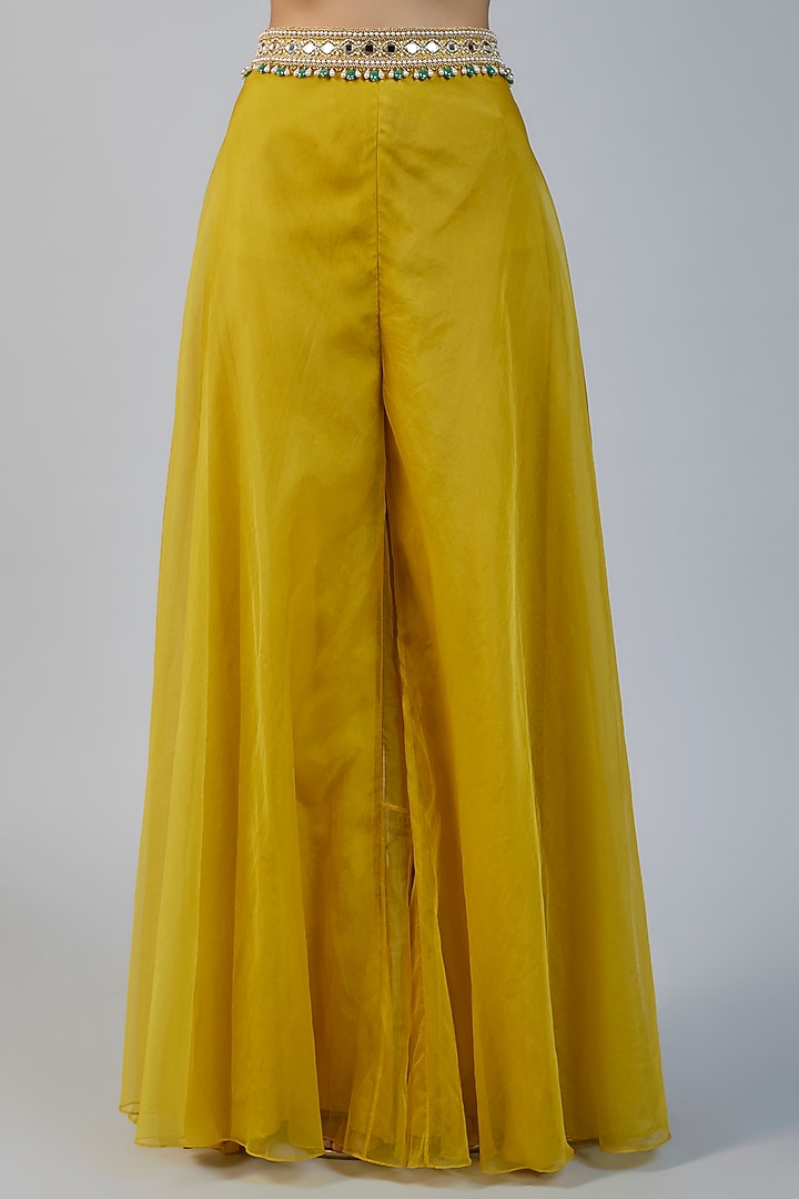 Lime Organza & Raw Silk Mirror Embroidered Cape Set by Kresha Lulla at Pernia's Pop Up Shop