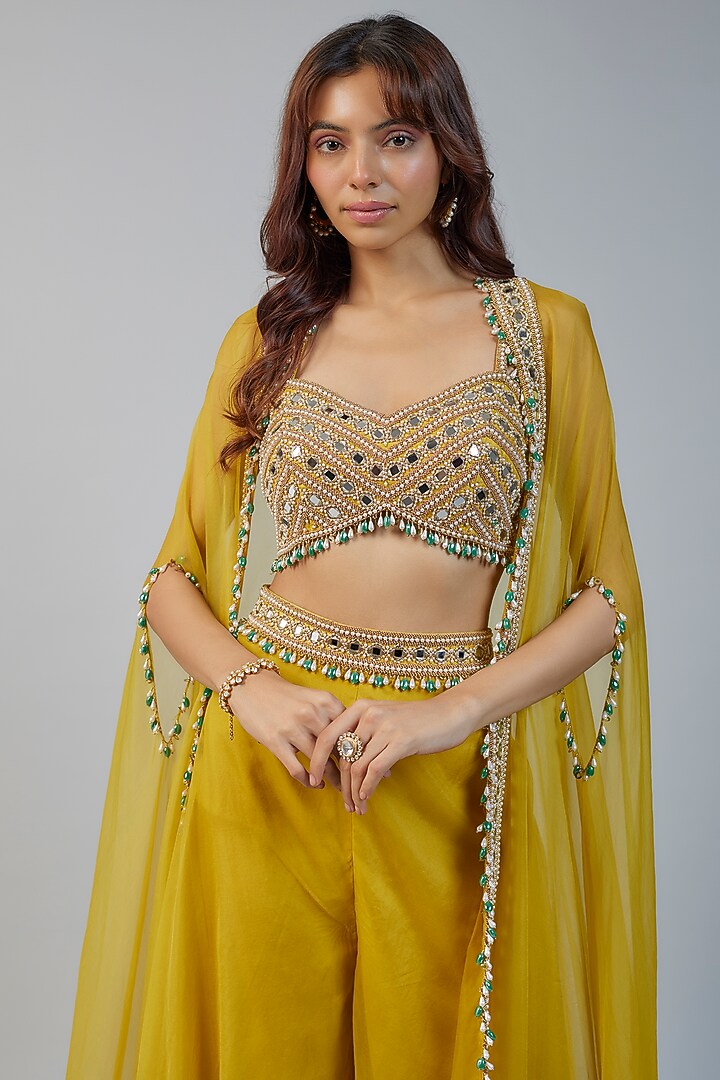 Lime Organza & Raw Silk Mirror Embroidered Cape Set by Kresha Lulla at Pernia's Pop Up Shop