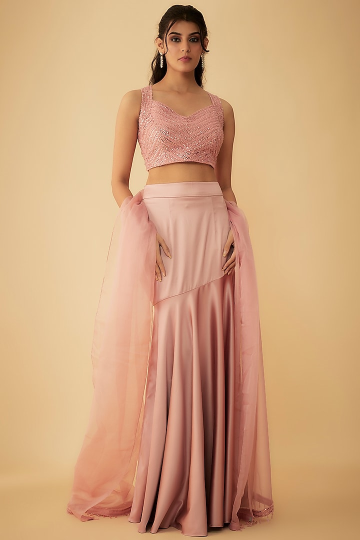 Rose Pink Satin Fish-Cut Wedding Lehenga Set by Kresha Lulla at Pernia's Pop Up Shop