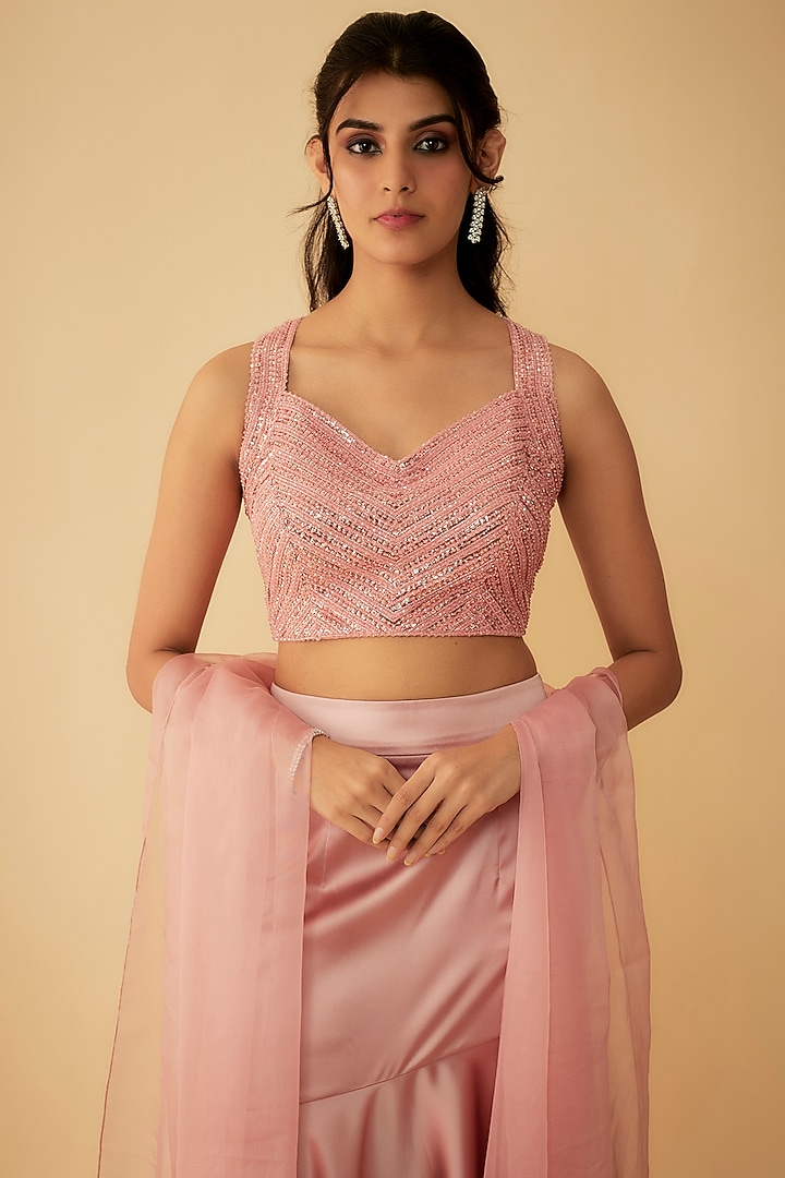 Rose Pink Satin Fish-Cut Wedding Lehenga Set by Kresha Lulla at Pernia's Pop Up Shop
