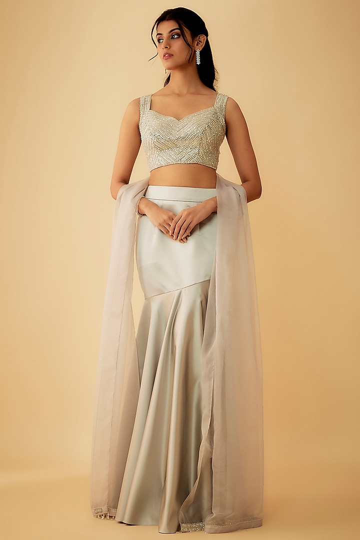 Silver Satin Fish-Cut Wedding Lehenga Set by Kresha Lulla at Pernia's Pop Up Shop