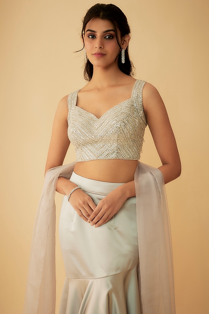 Silver Satin Fish-Cut Wedding Lehenga Set by Kresha Lulla at Pernia's Pop Up Shop