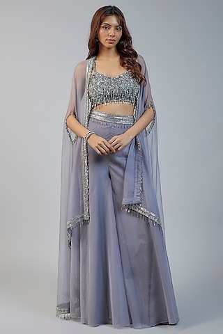 Grey Organza & Raw Silk Sequins Embroidered Cape Set by Kresha Lulla
