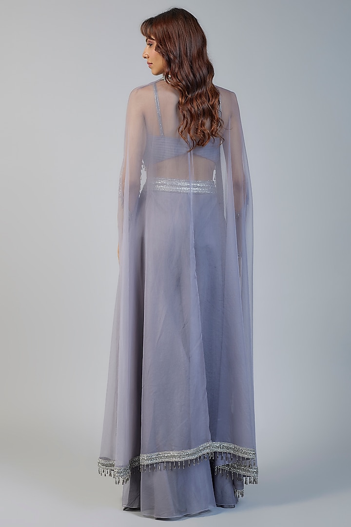 Grey Organza & Raw Silk Sequins Embroidered Cape Set by Kresha Lulla at Pernia's Pop Up Shop