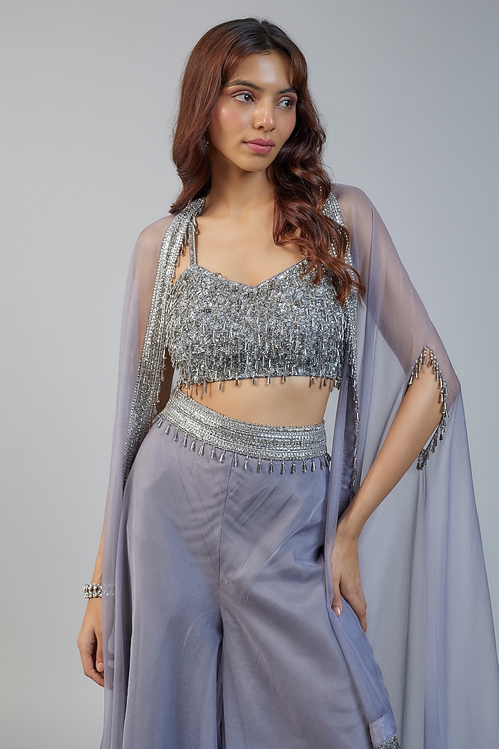 Grey Organza & Raw Silk Sequins Embroidered Cape Set by Kresha Lulla at Pernia's Pop Up Shop