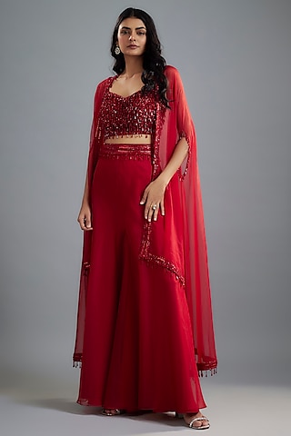 Red Organza & Raw Silk Sequins Embroidered Cape Set by Kresha Lulla