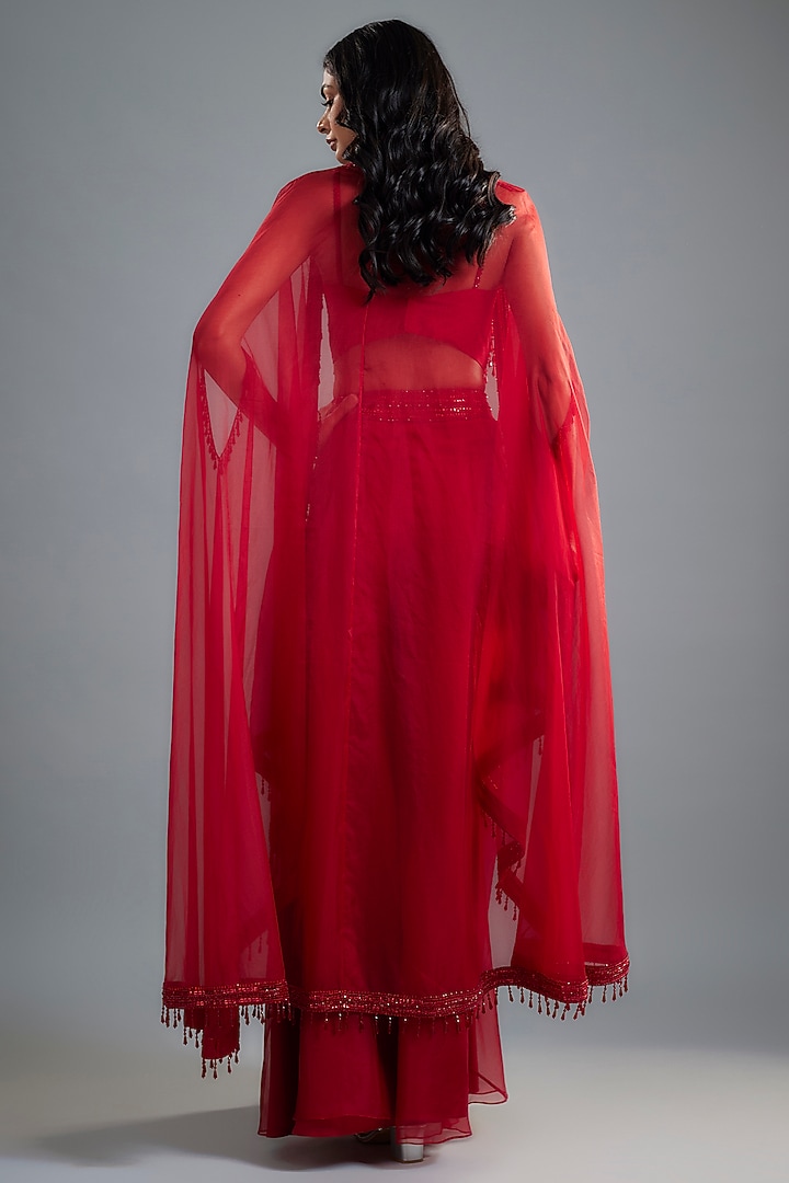 Red Organza & Raw Silk Sequins Embroidered Cape Set by Kresha Lulla at Pernia's Pop Up Shop