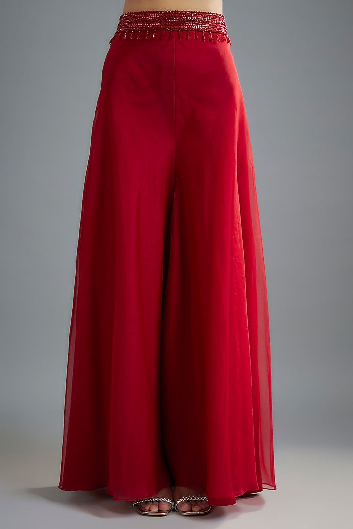 Red Organza & Raw Silk Sequins Embroidered Cape Set by Kresha Lulla at Pernia's Pop Up Shop