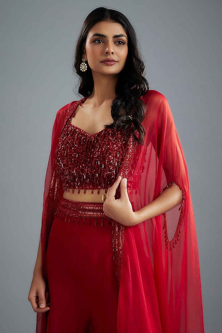 Red Organza & Raw Silk Sequins Embroidered Cape Set by Kresha Lulla at Pernia's Pop Up Shop