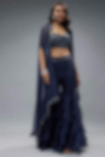 Navy Organza & Raw Silk Sequins Embroidered Cape Set by Kresha Lulla at Pernia's Pop Up Shop