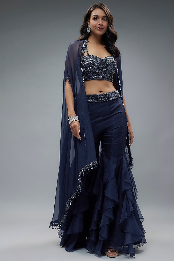 Navy Organza & Raw Silk Sequins Embroidered Cape Set by Kresha Lulla at Pernia's Pop Up Shop